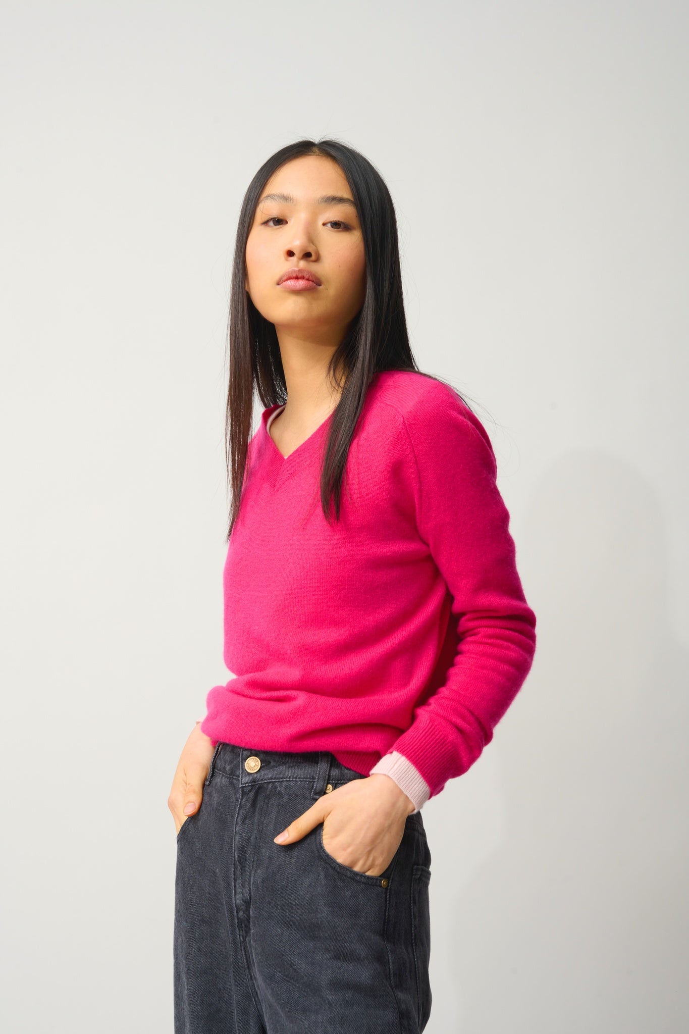 SAVANNAH Pullover mit V-Ausschnitt fuchsia 100% Kaschmir