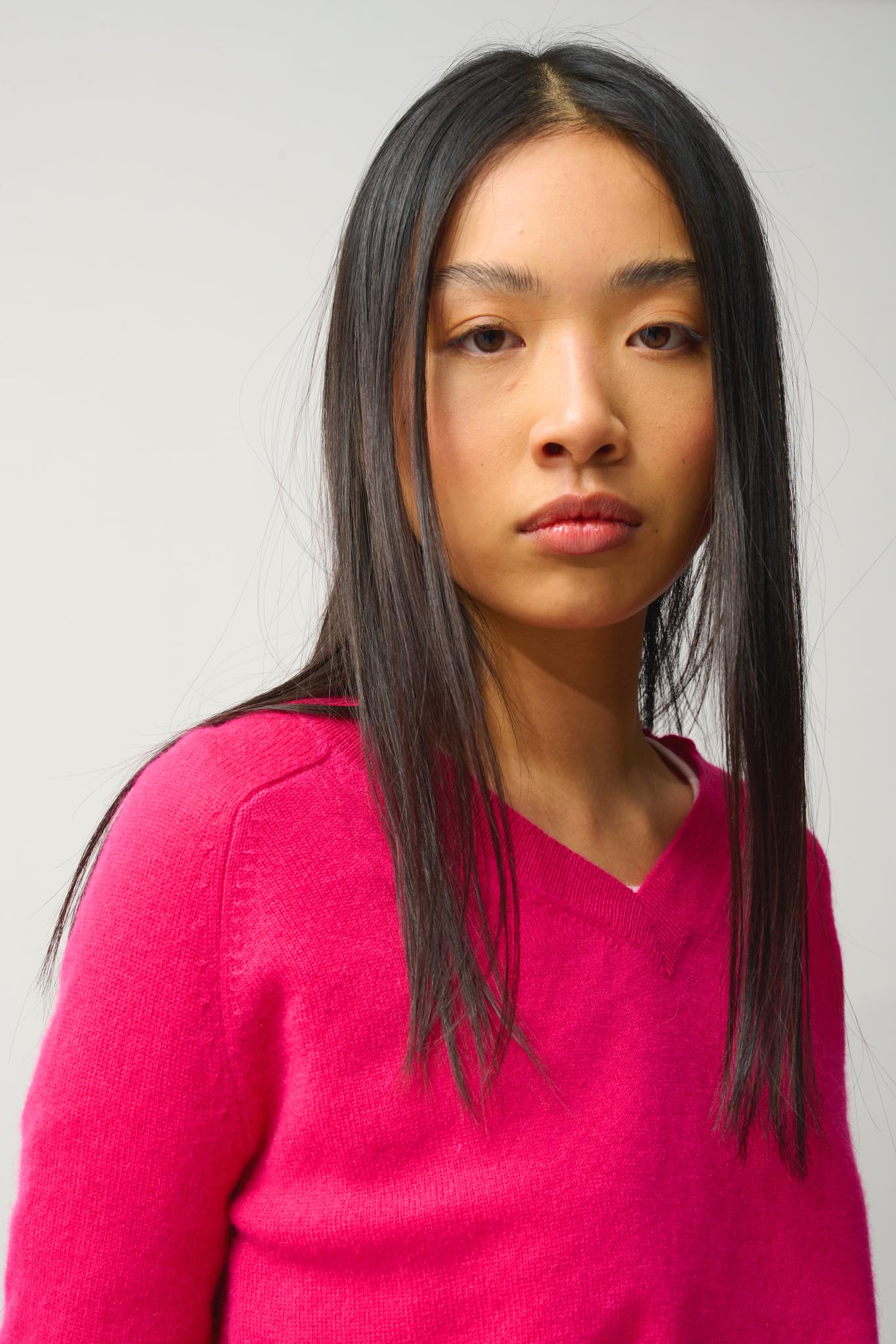 SAVANNAH pull col v fuchsia 100% cachemire