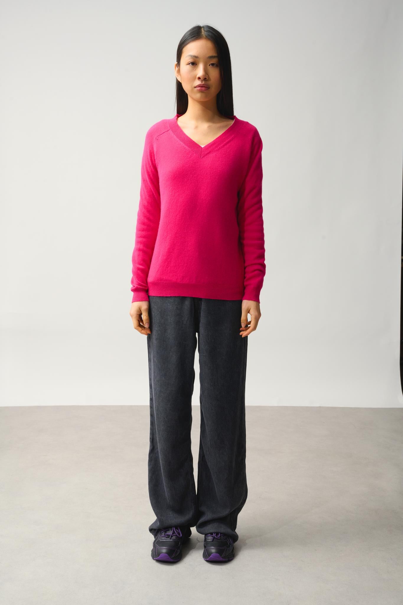 SAVANNAH pull col v fuchsia 100% cachemire
