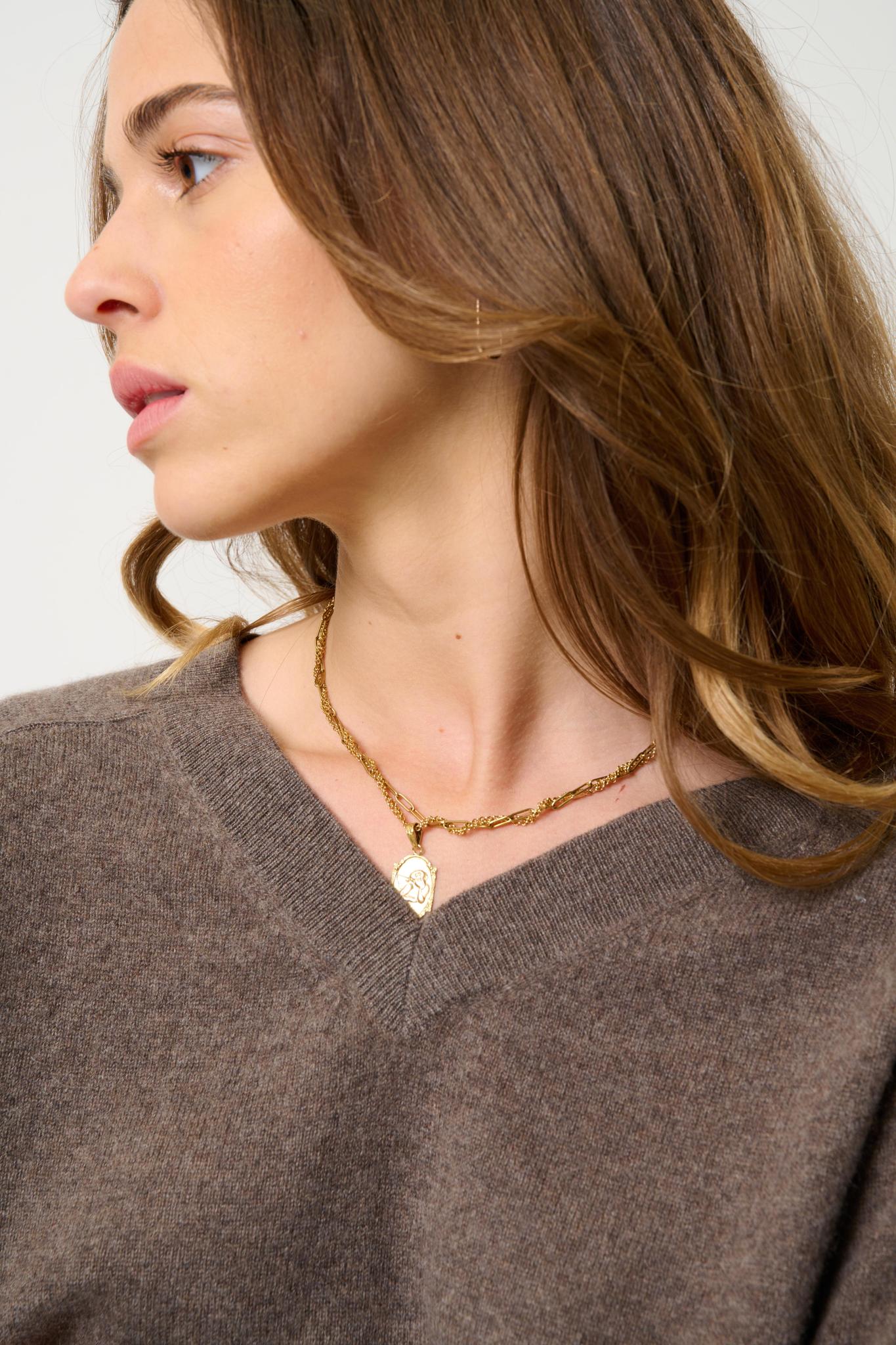 SAVANNAH taupe mottled v-neck sweater 100% cashmere