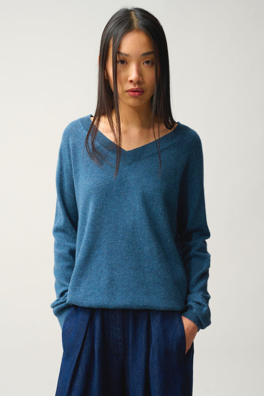 SAVANNAH Pullover mit V-Ausschnitt entengrün meliert 100% Kaschmir