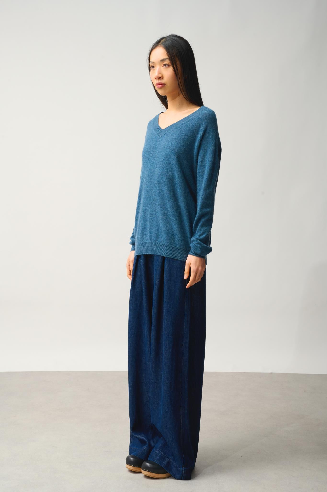 SAVANNAH pull col v vert canard chiné 100% cachemire