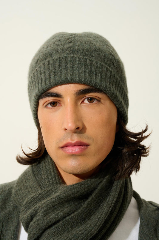 SCOTT 4-thread khaki mottled beanie 100% cashmere