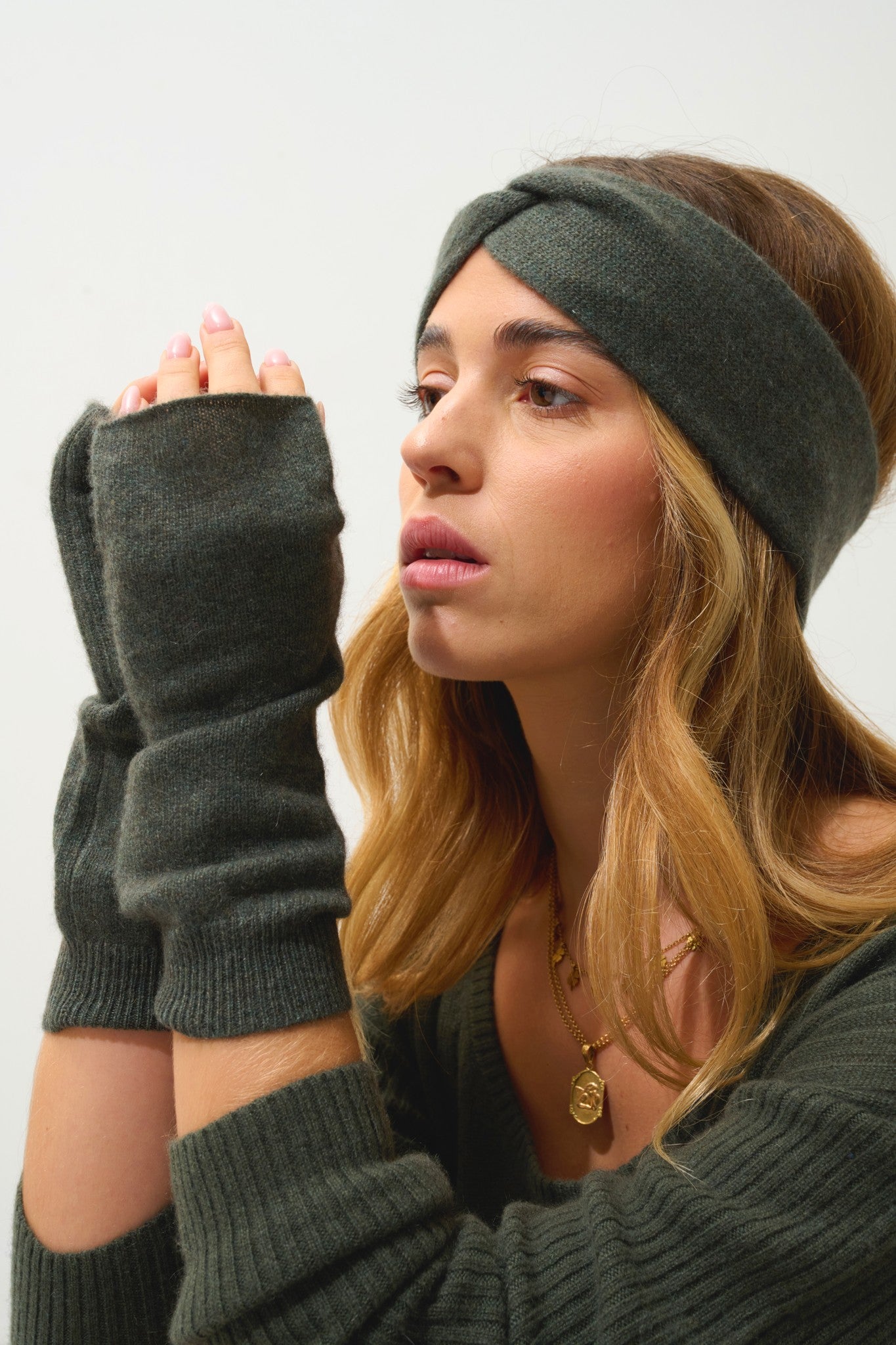 serre mitaines vert chiné 100% cachemire