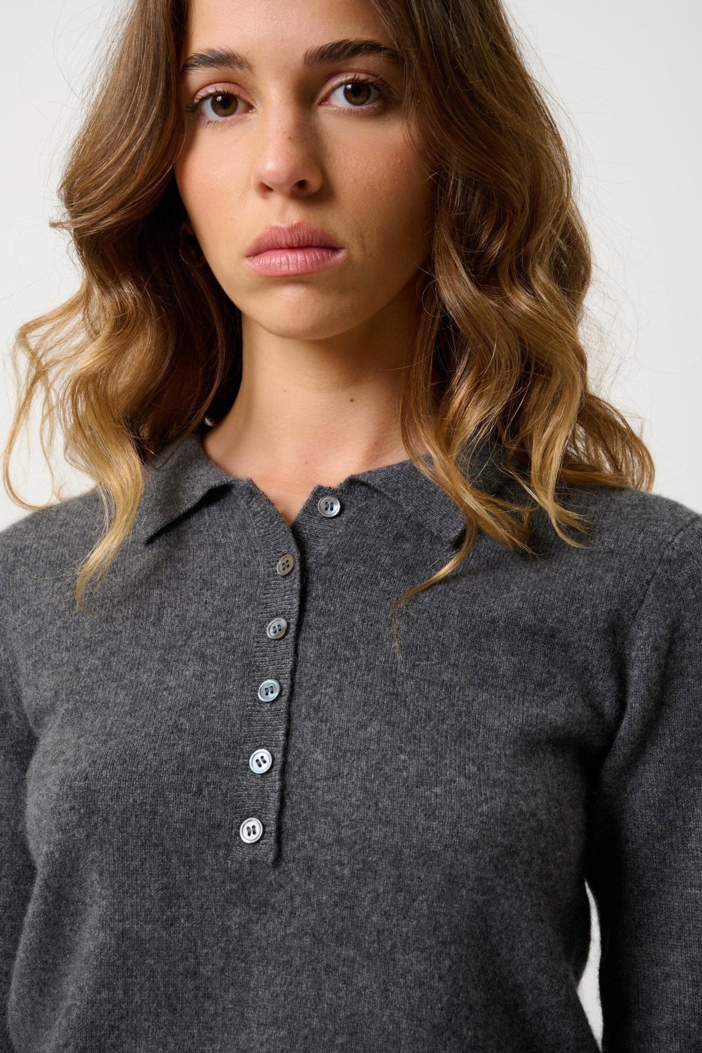 SLIEVE polo manches longues anthracite chiné 100% cachemire