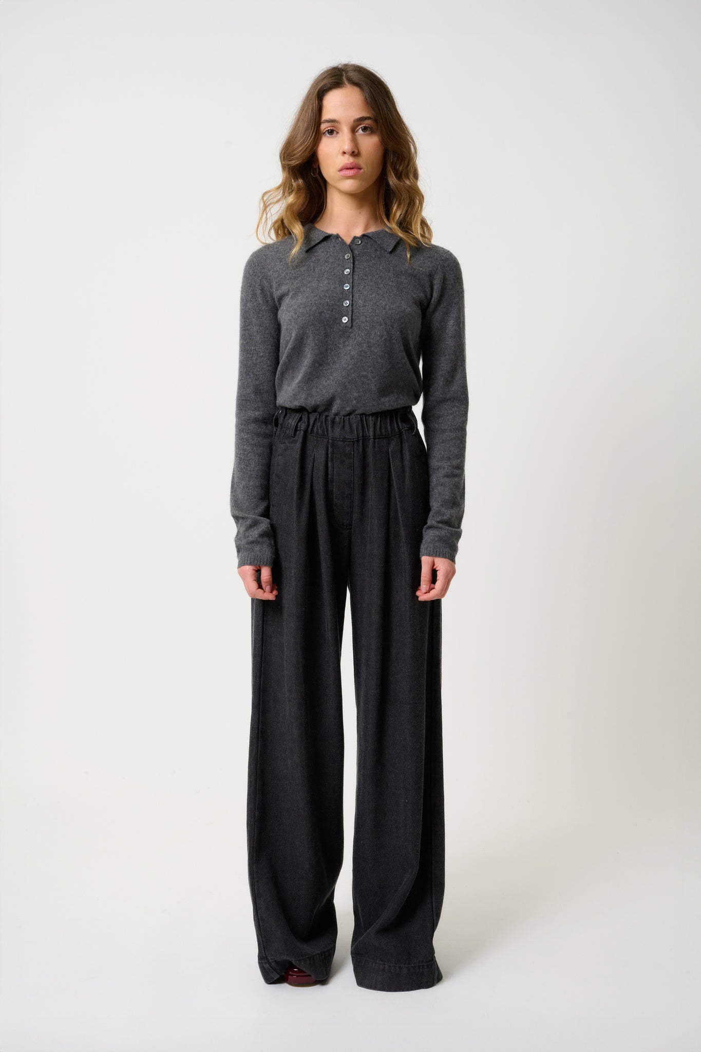 SLIEVE Langarm-Poloshirt anthrazit meliert 100% Kaschmir