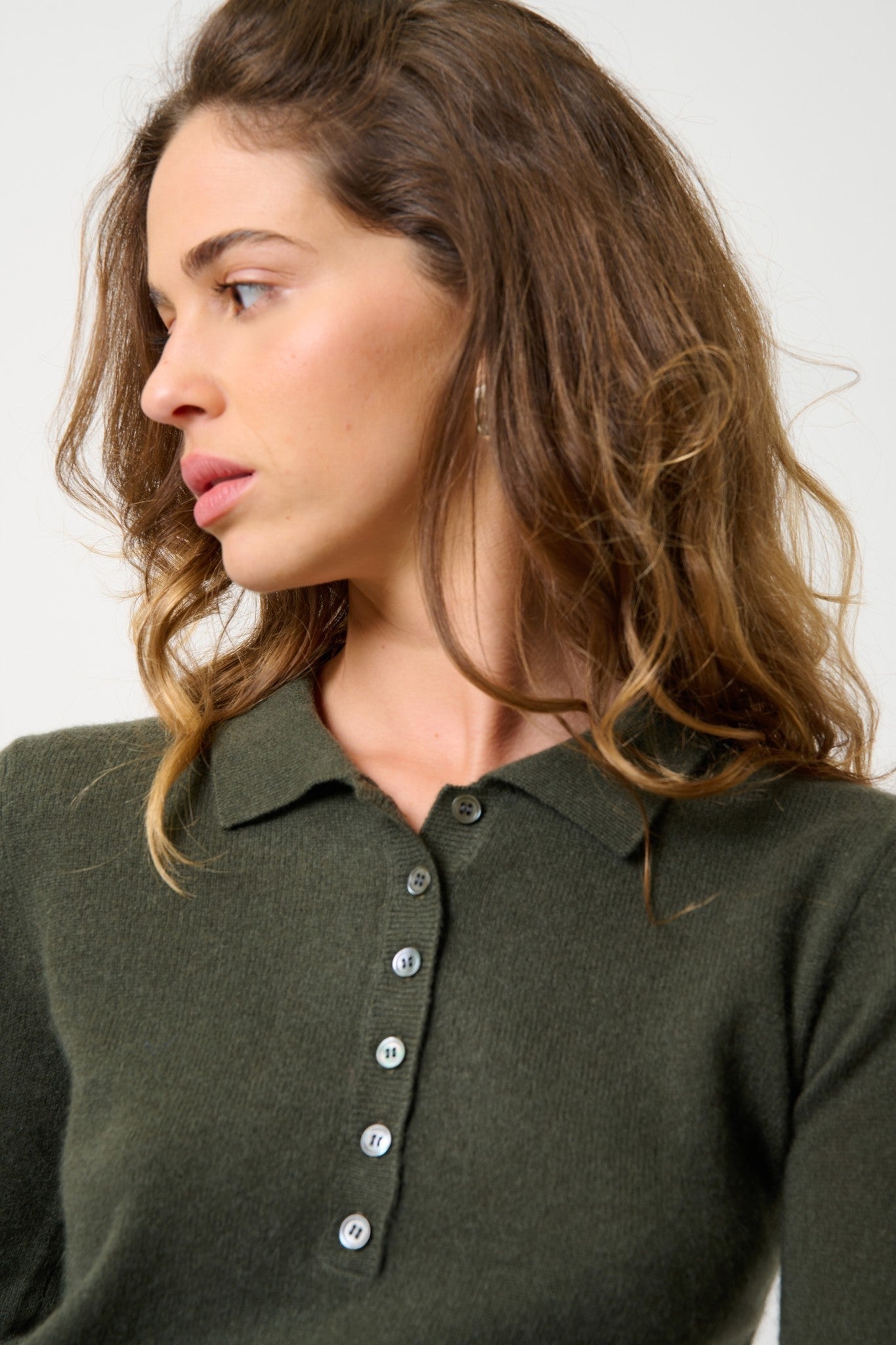 slieve polo manches longues kaki 100% cachemire