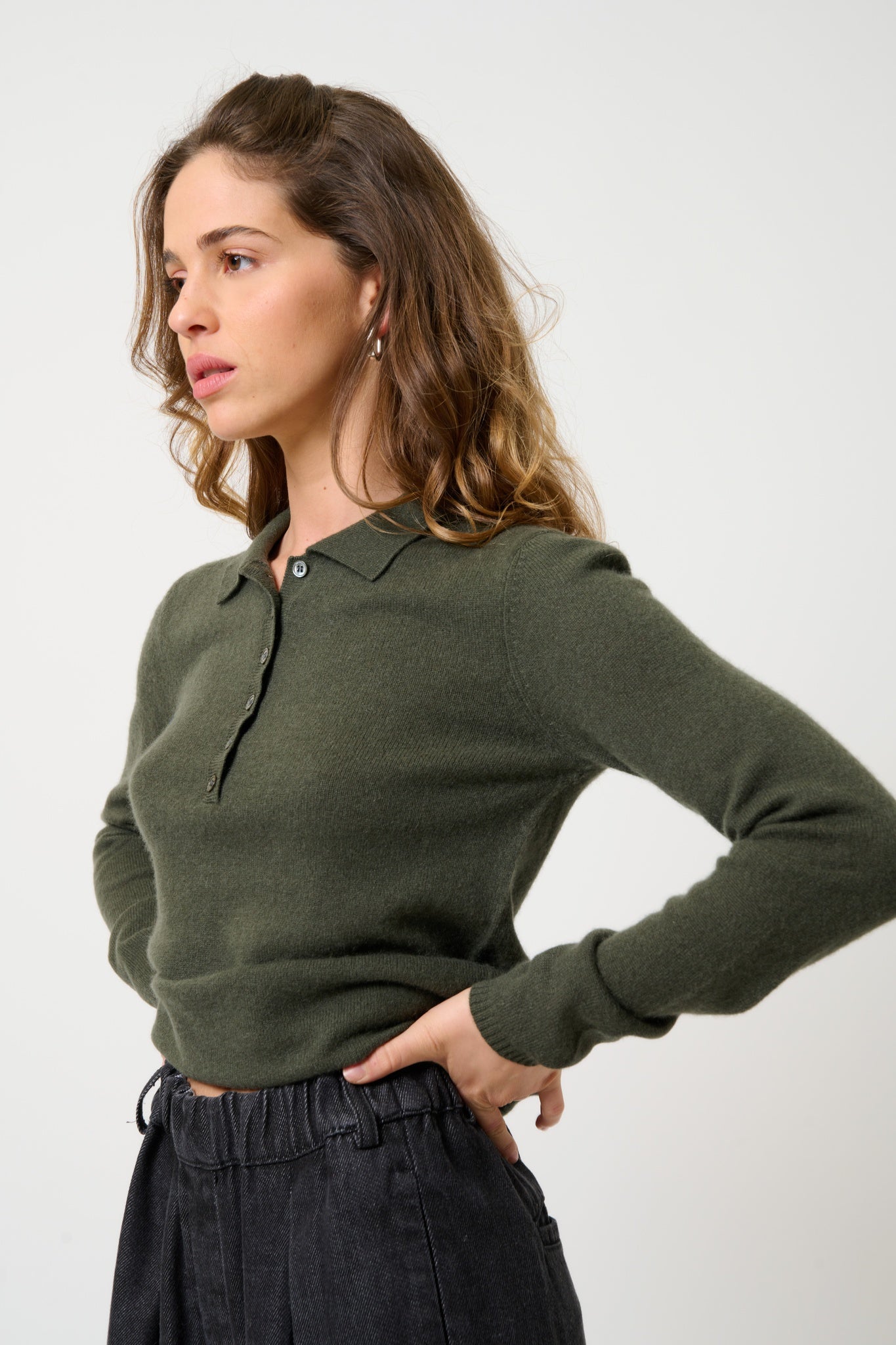 SLIEVE polo manches longues kaki 100% cachemire