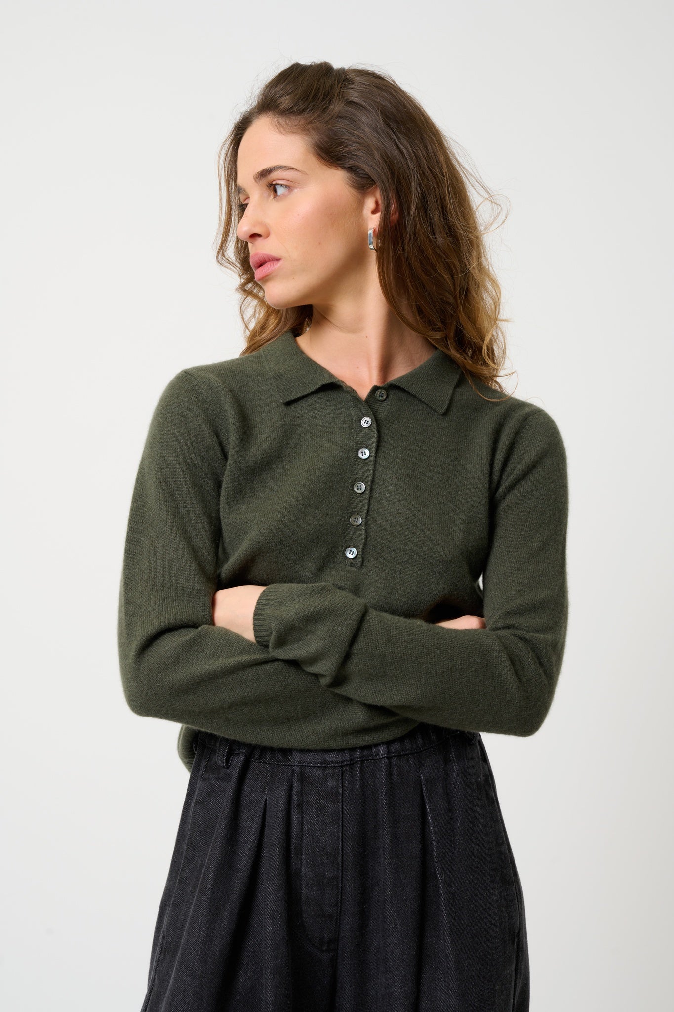 SLIEVE polo manches longues kaki 100% cachemire