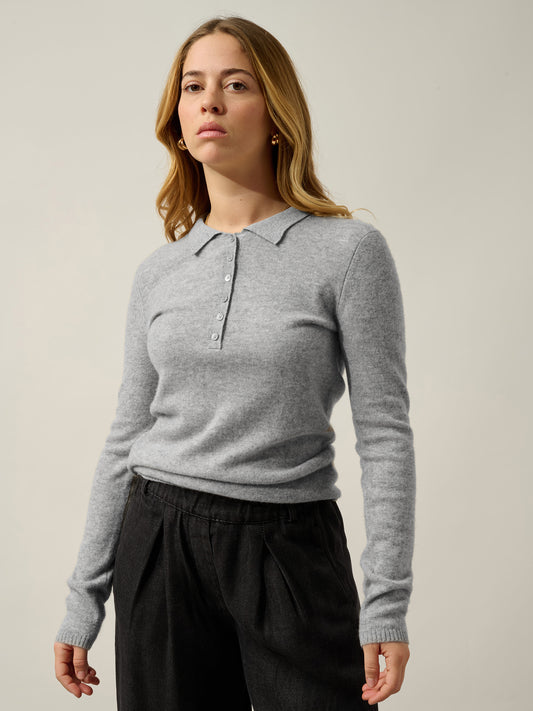 SLIEVE Langarm-Poloshirt in melierter Wolke 100 % Kaschmir