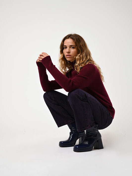 SUZIE pull col roulé bordeaux 100% cachemire