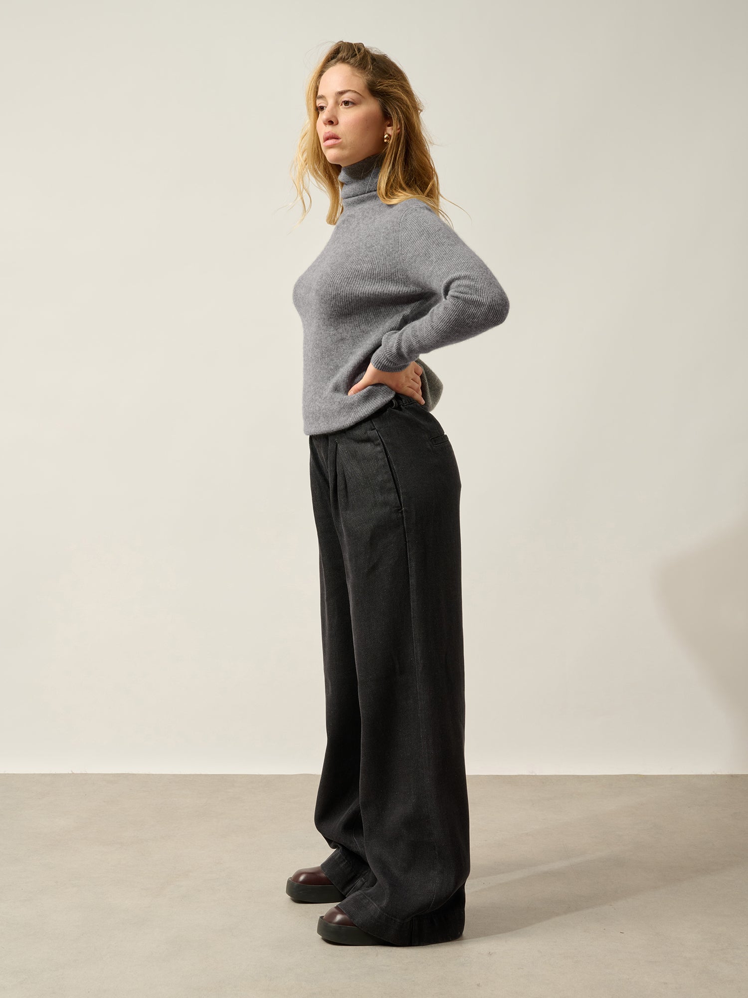 SUZIE pull col roulé flanelle chiné 100% cachemire