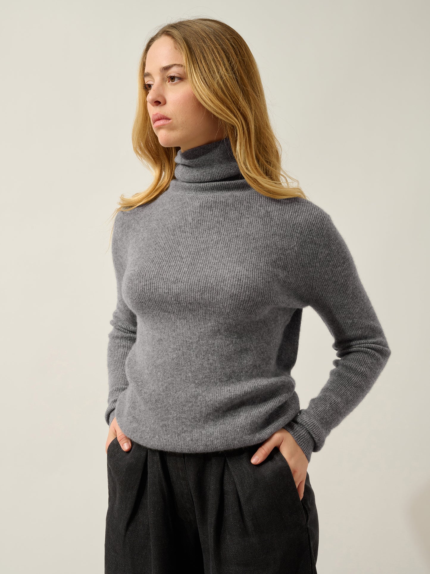 SUZIE pull col roulé flanelle chiné 100% cachemire