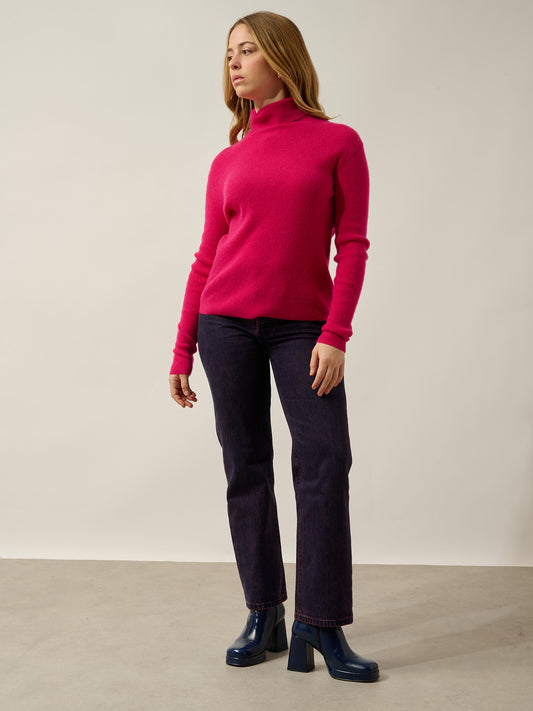 SUZIE pull col roulé fuchsia 100% cachemire