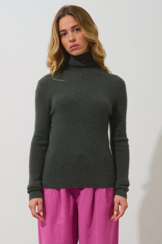 SUZIE pull col roulé kaki chiné 100% cachemire