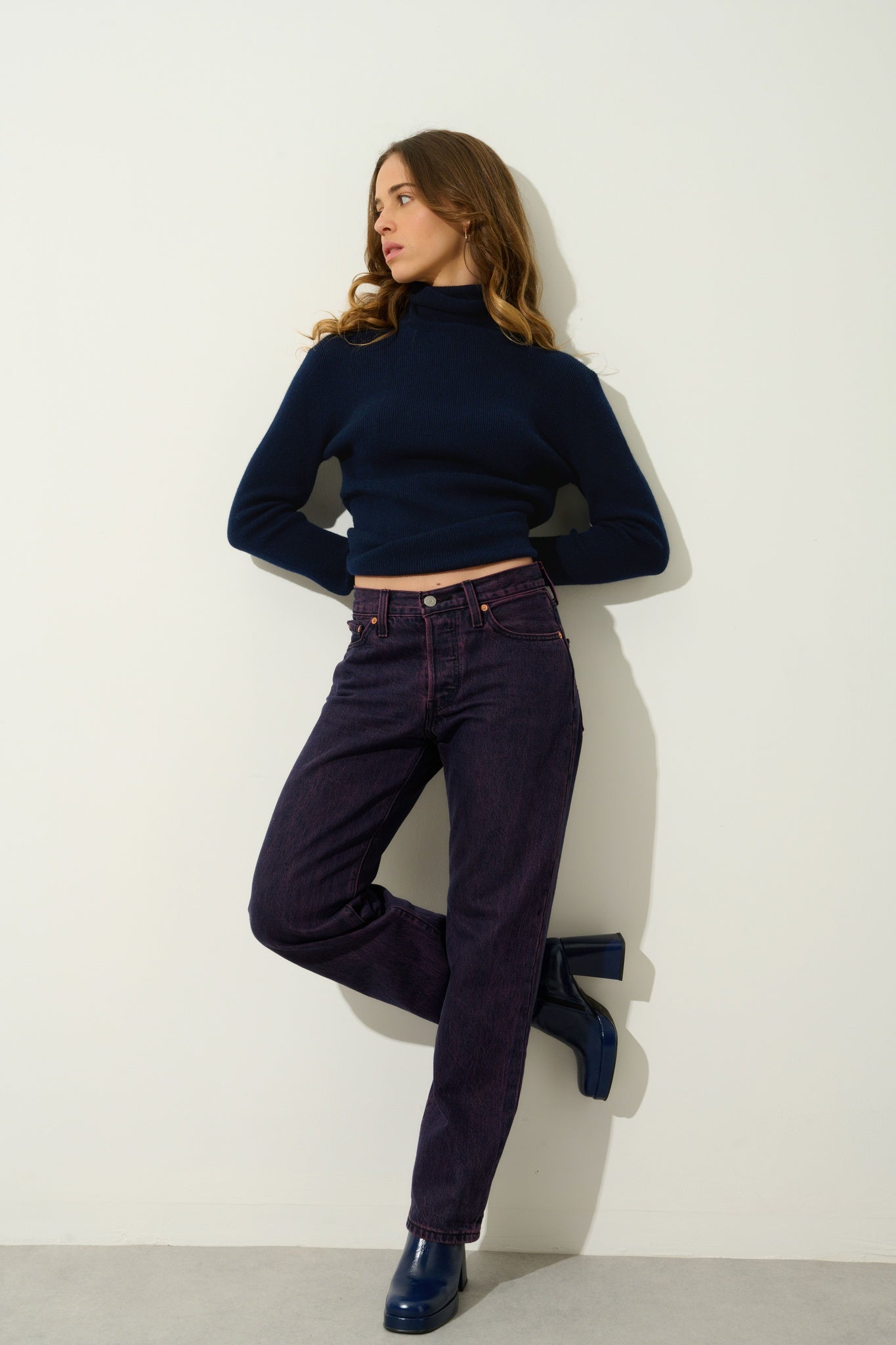 SUZIE pull col roulé navy 100% cachemire