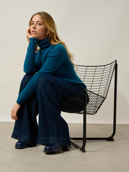 SUZIE pull col roulé paon 100% cachemire