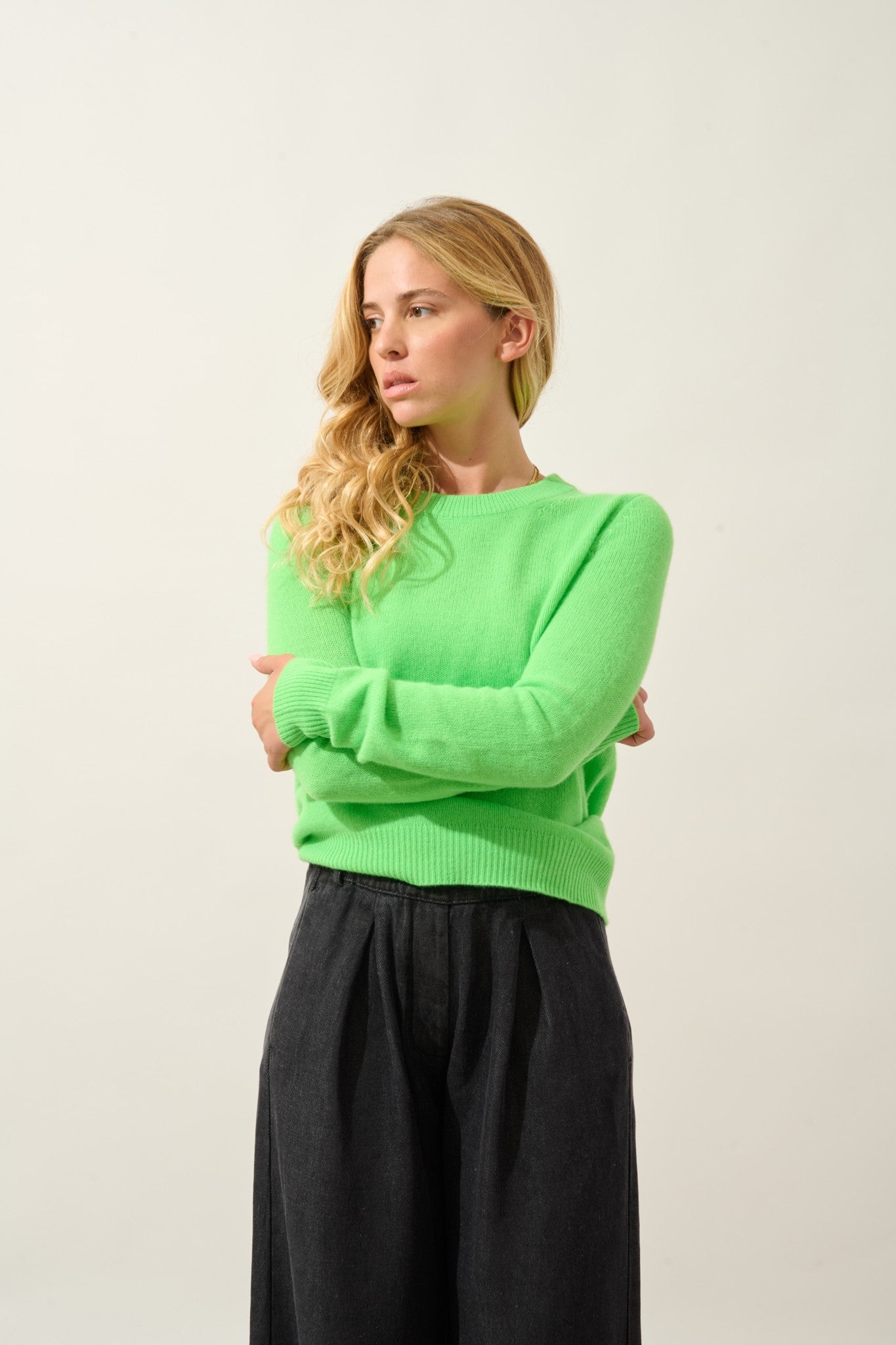 sylor pull col rond 4 fils vert fluo 100% cachemire