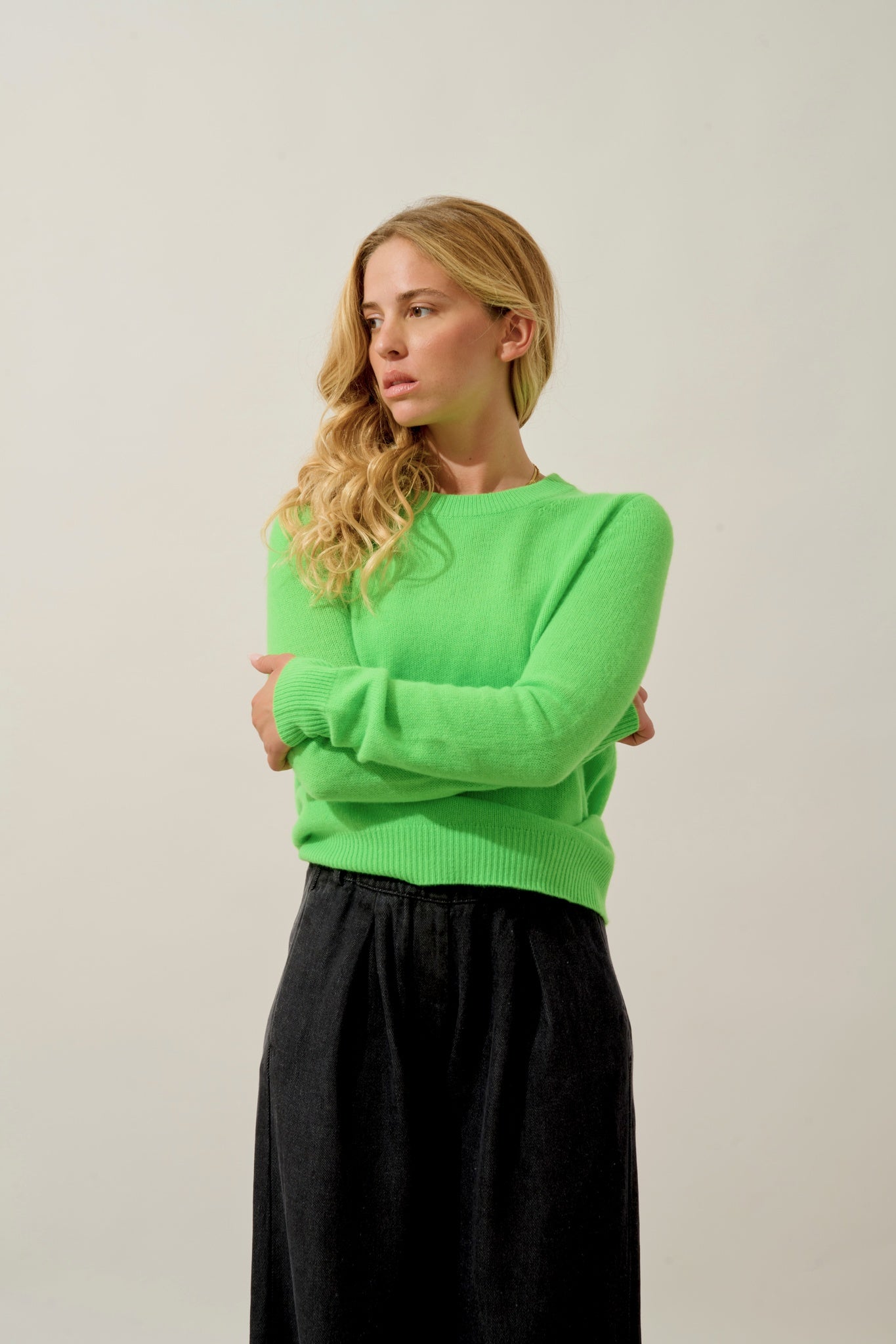 SYLOR pull col rond 4 fils vert fluo 100% cachemire