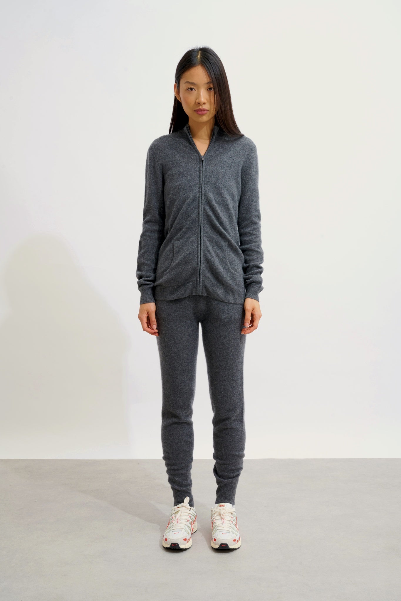 THALUN gilet zippé col montant anthracite chiné 100% cachemire