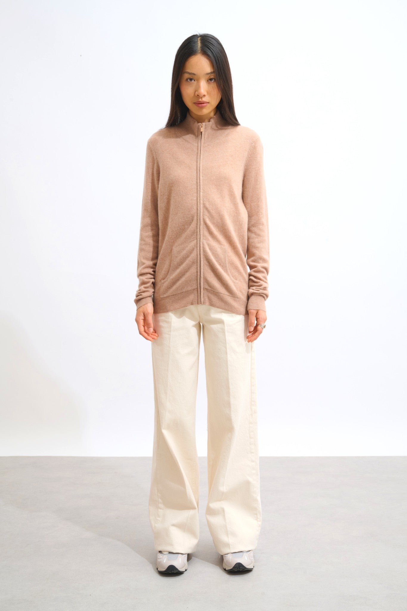 thalun gilet zippé col montant camel chiné 100% cachemire