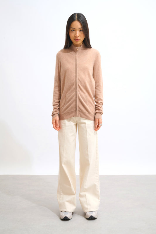 thalun gilet zippé col montant camel chiné 100% cachemire