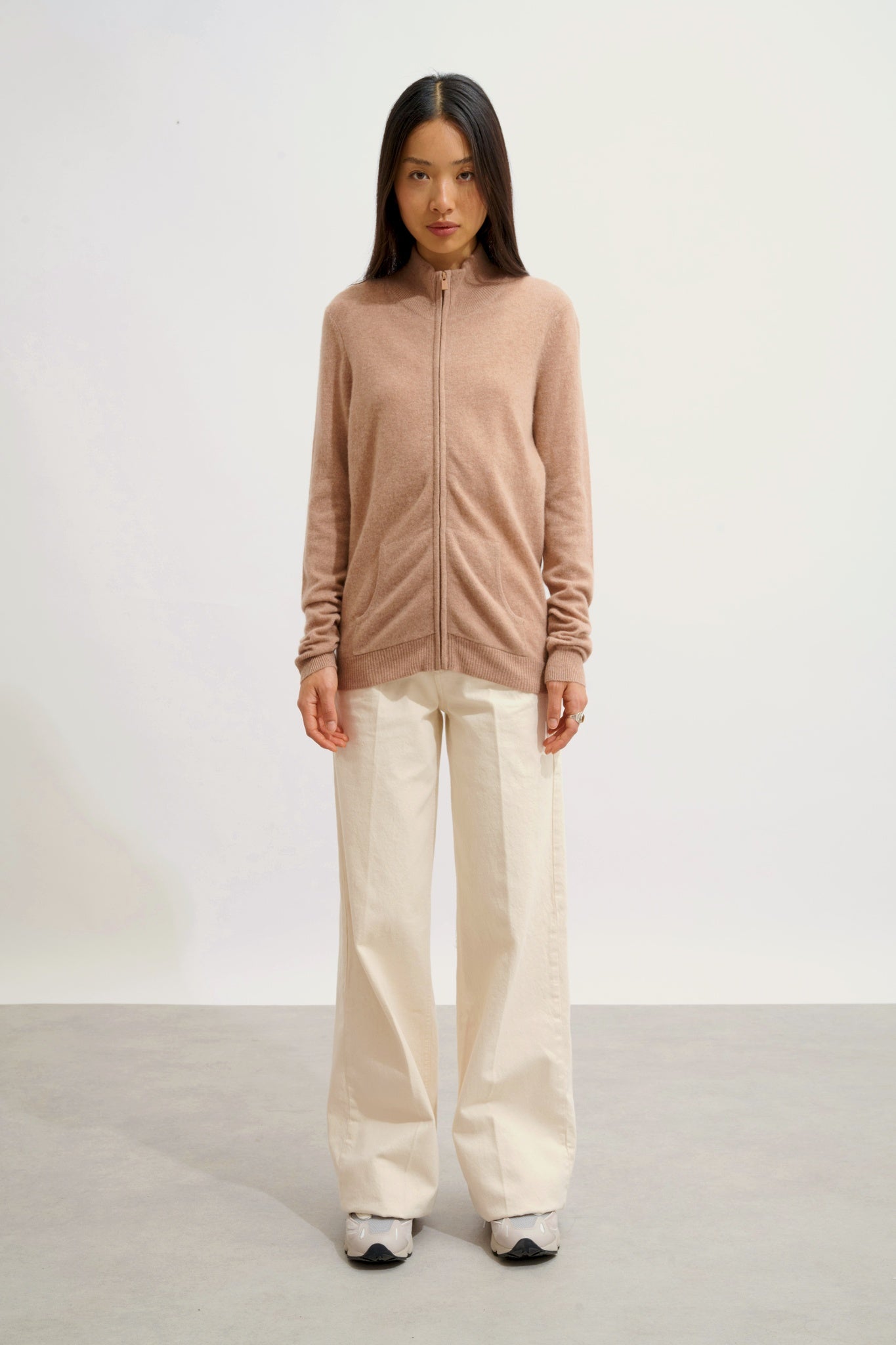 THALUN gilet zippé col montant camel chiné 100% cachemire