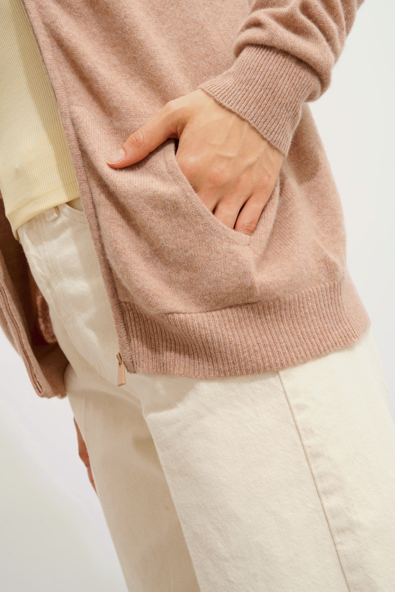 THALUN gilet zippé col montant camel chiné 100% cachemire