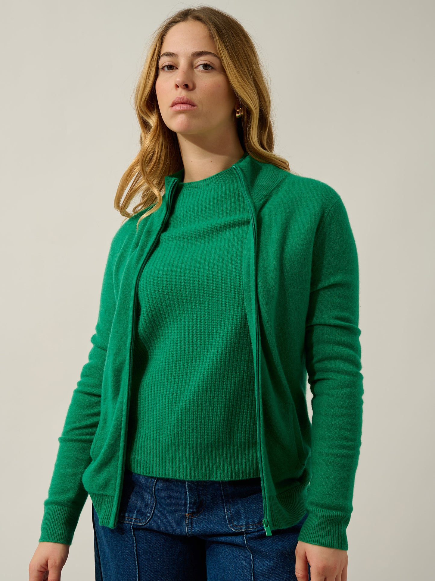 THALUN gilet zippé col montant menthe 100% cachemire