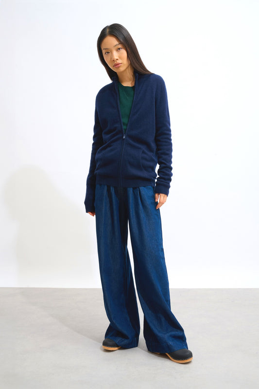 thalun gilet zippé col montant navy 100% cachemire