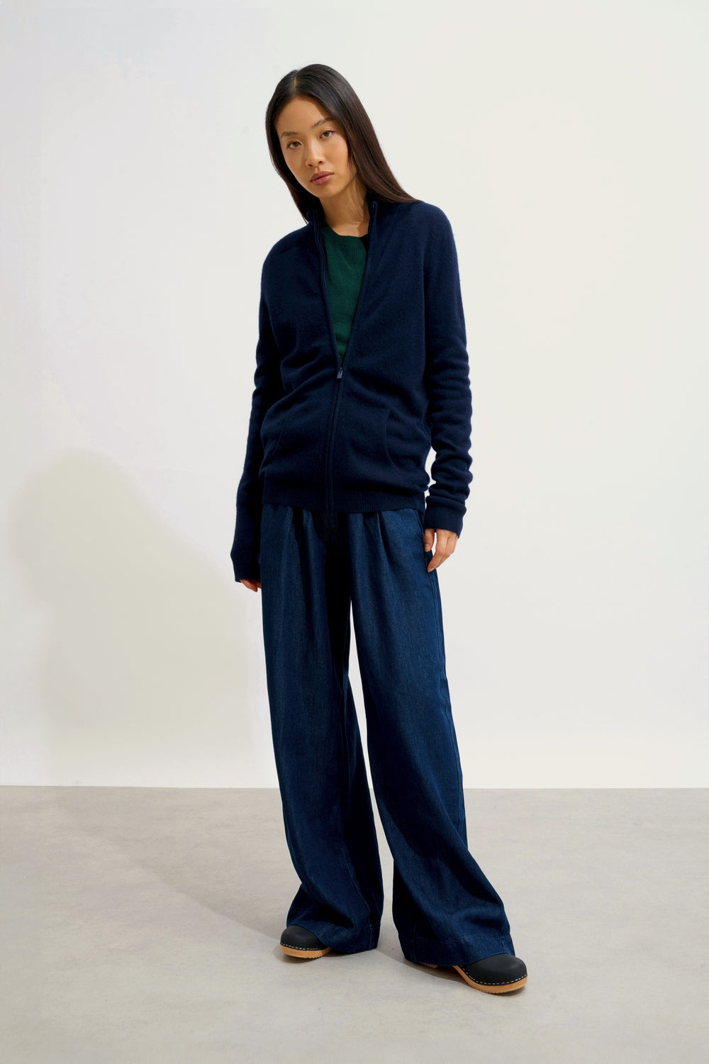 THALUN gilet zippé col montant navy 100% cachemire