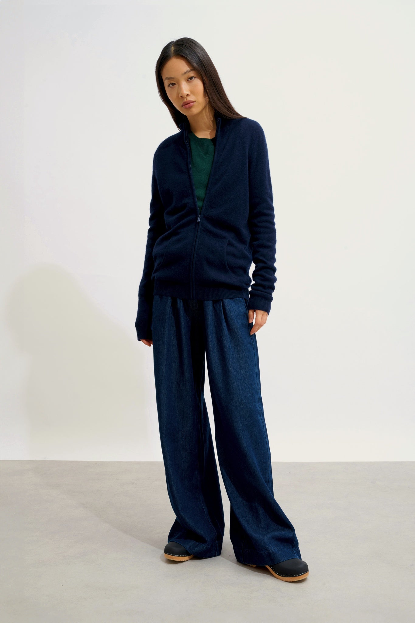 THALUN gilet zippé col montant navy 100% cachemire