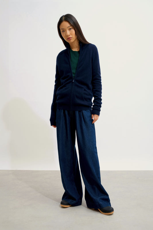 THALUN gilet zippé col montant navy 100% cachemire