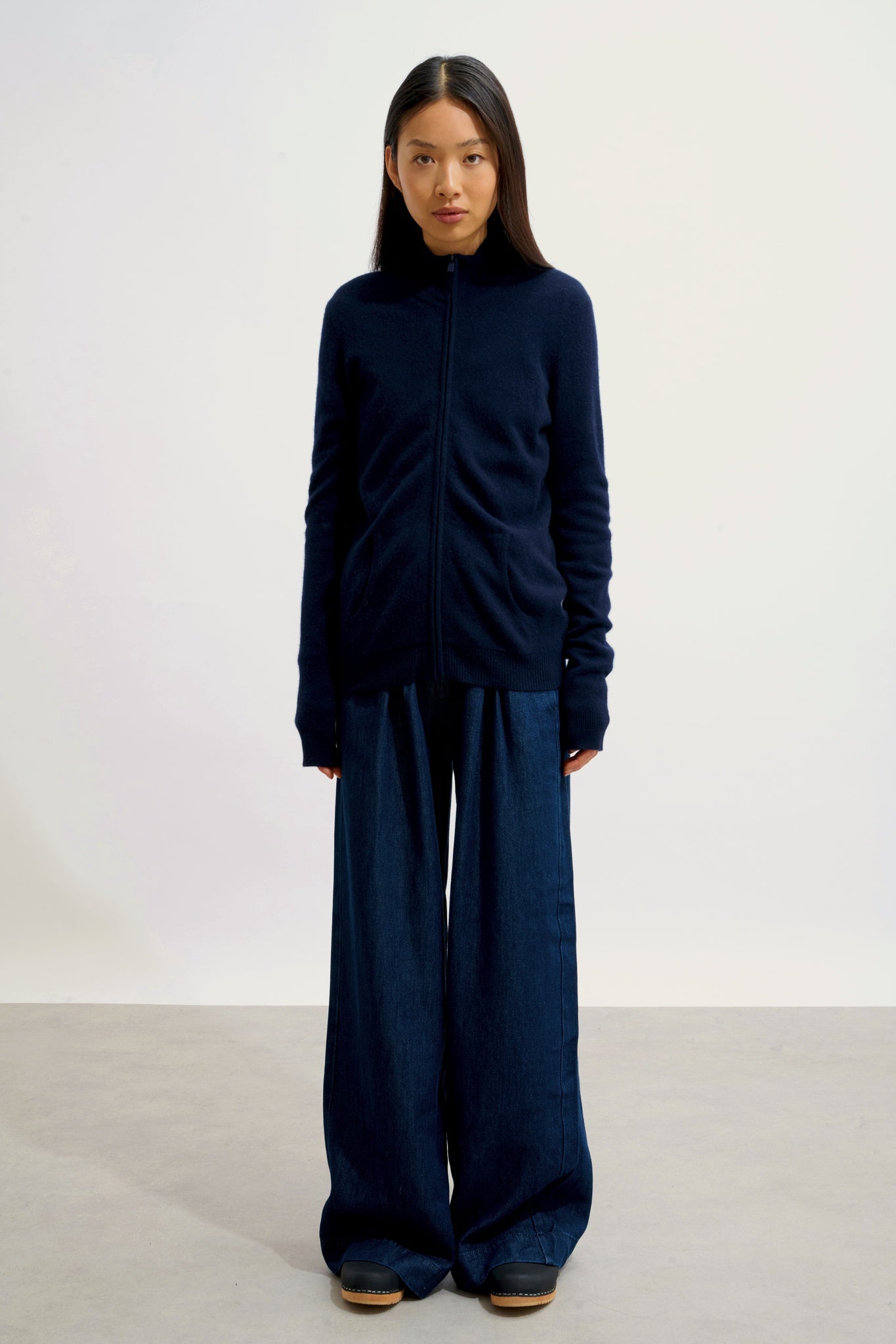 THALUN gilet zippé col montant navy 100% cachemire