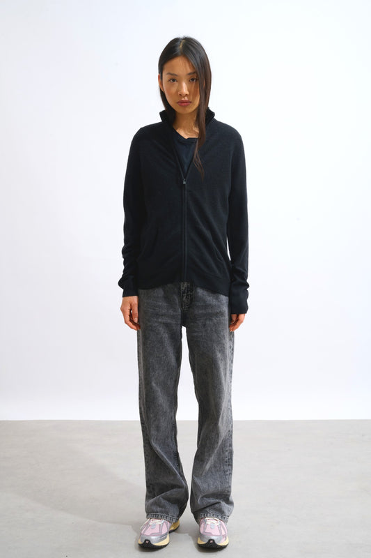 thalun gilet zippé col montant noir 100% cachemire