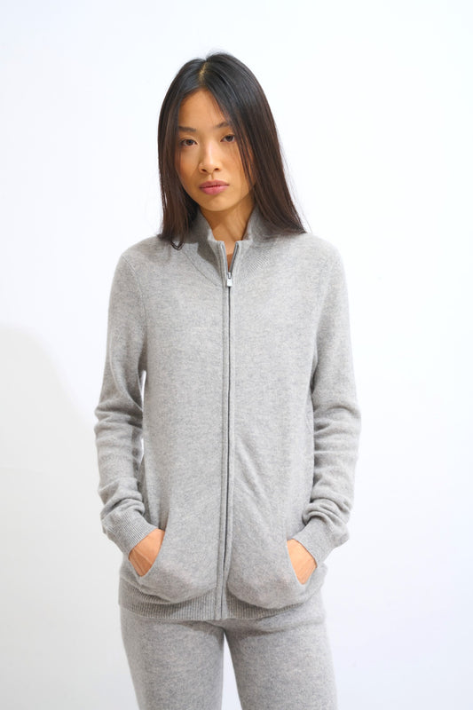 thalun gilet zippé col montant nuage chiné 100% cachemire