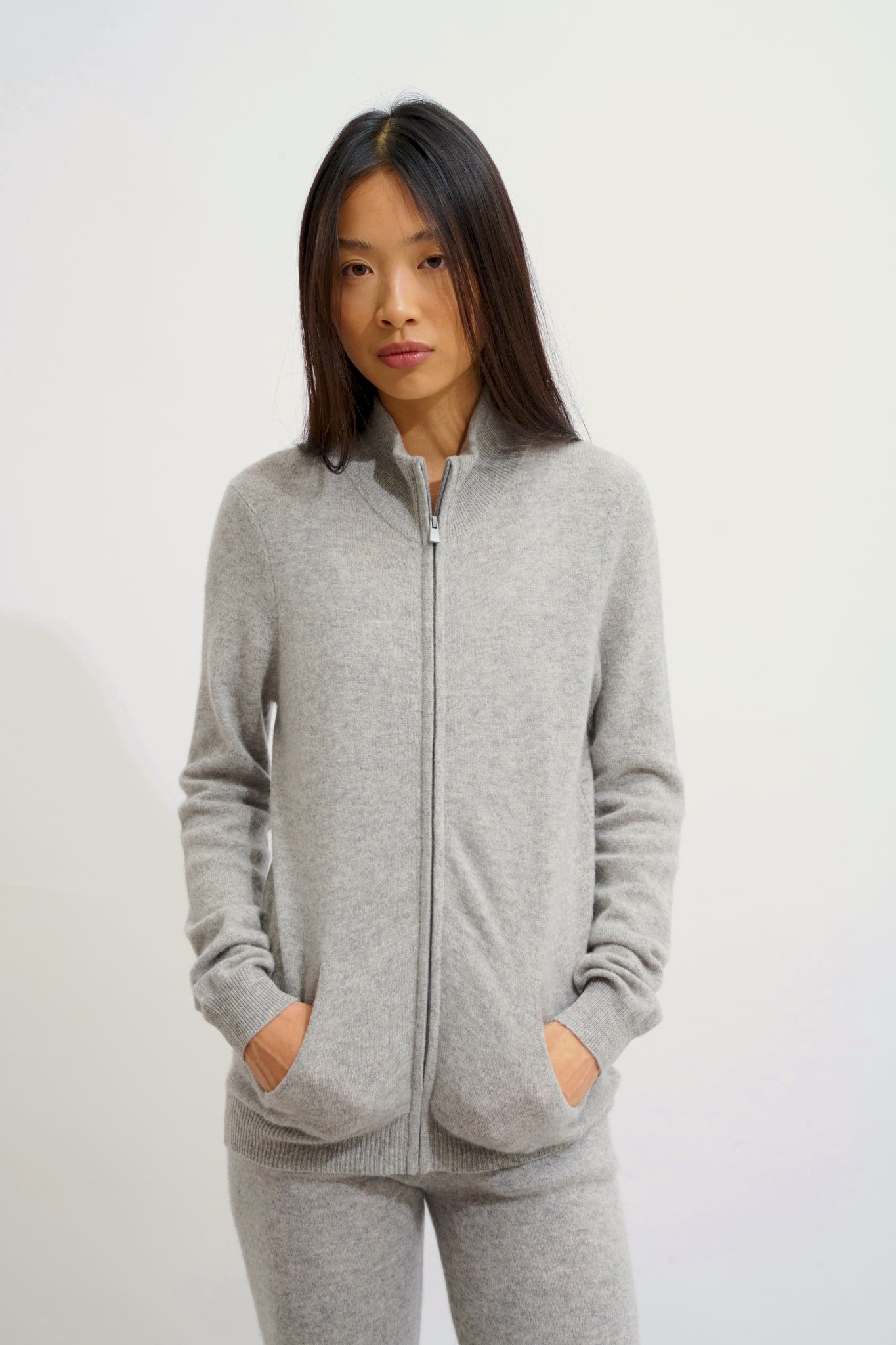 THALUN gilet zippé col montant nuage chiné 100% cachemire