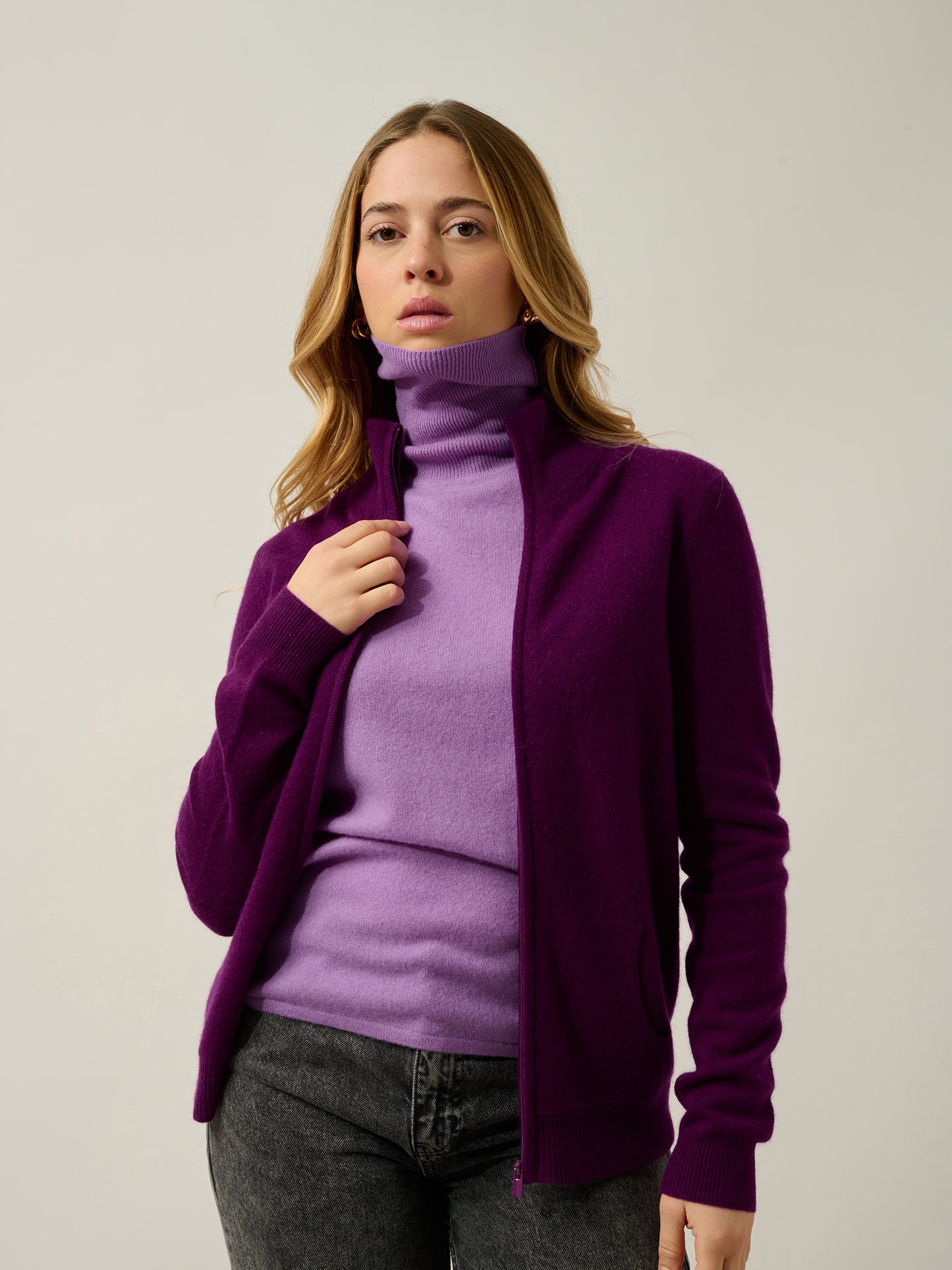 THALUN gilet zippé col montant prune 100% cachemire