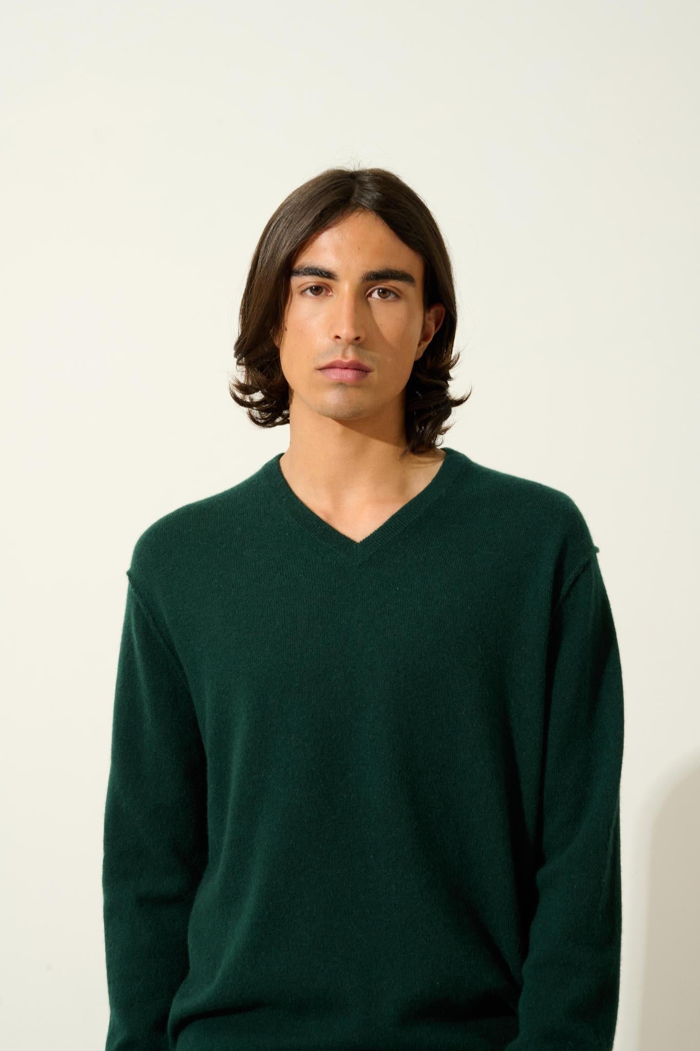 TIMEO Pullover mit V-Ausschnitt Zypresse 100% Kaschmir