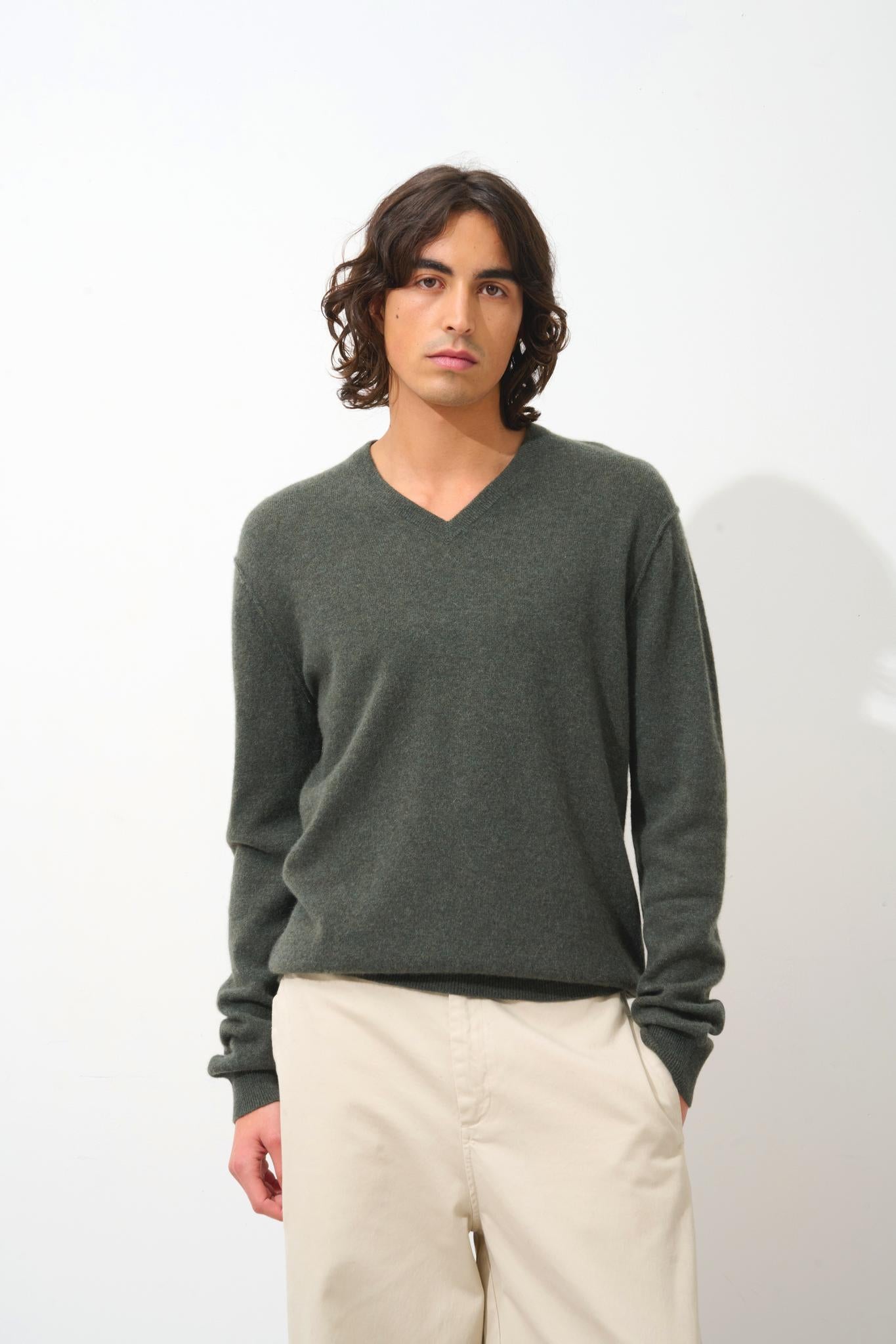 TIMEO khaki mottled v-neck sweater 100% cashmere