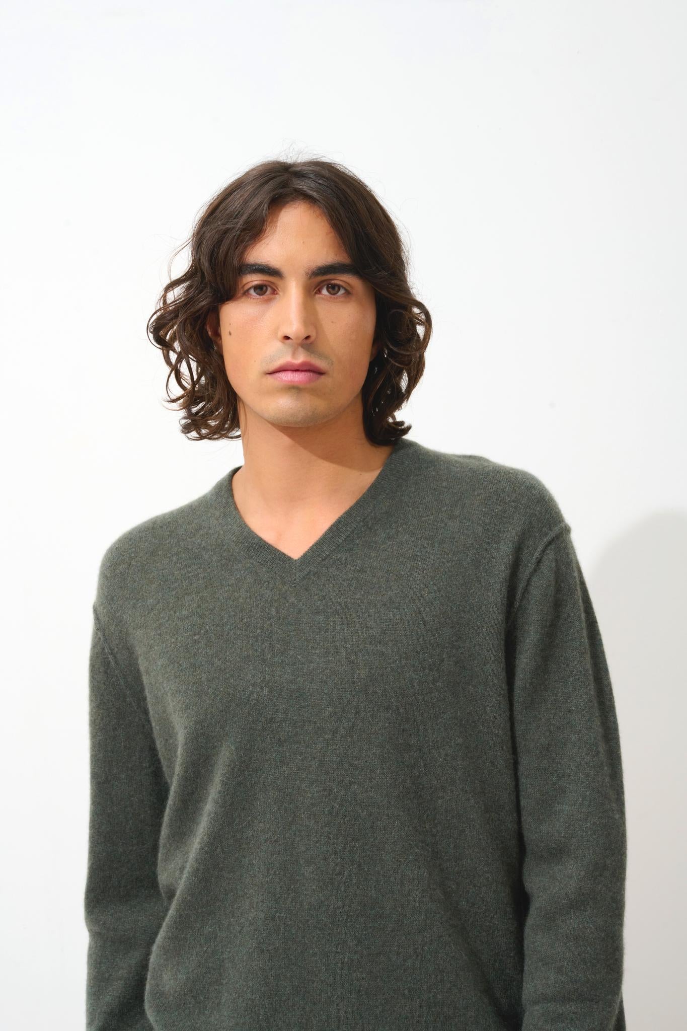 TIMEO khaki mottled v-neck sweater 100% cashmere