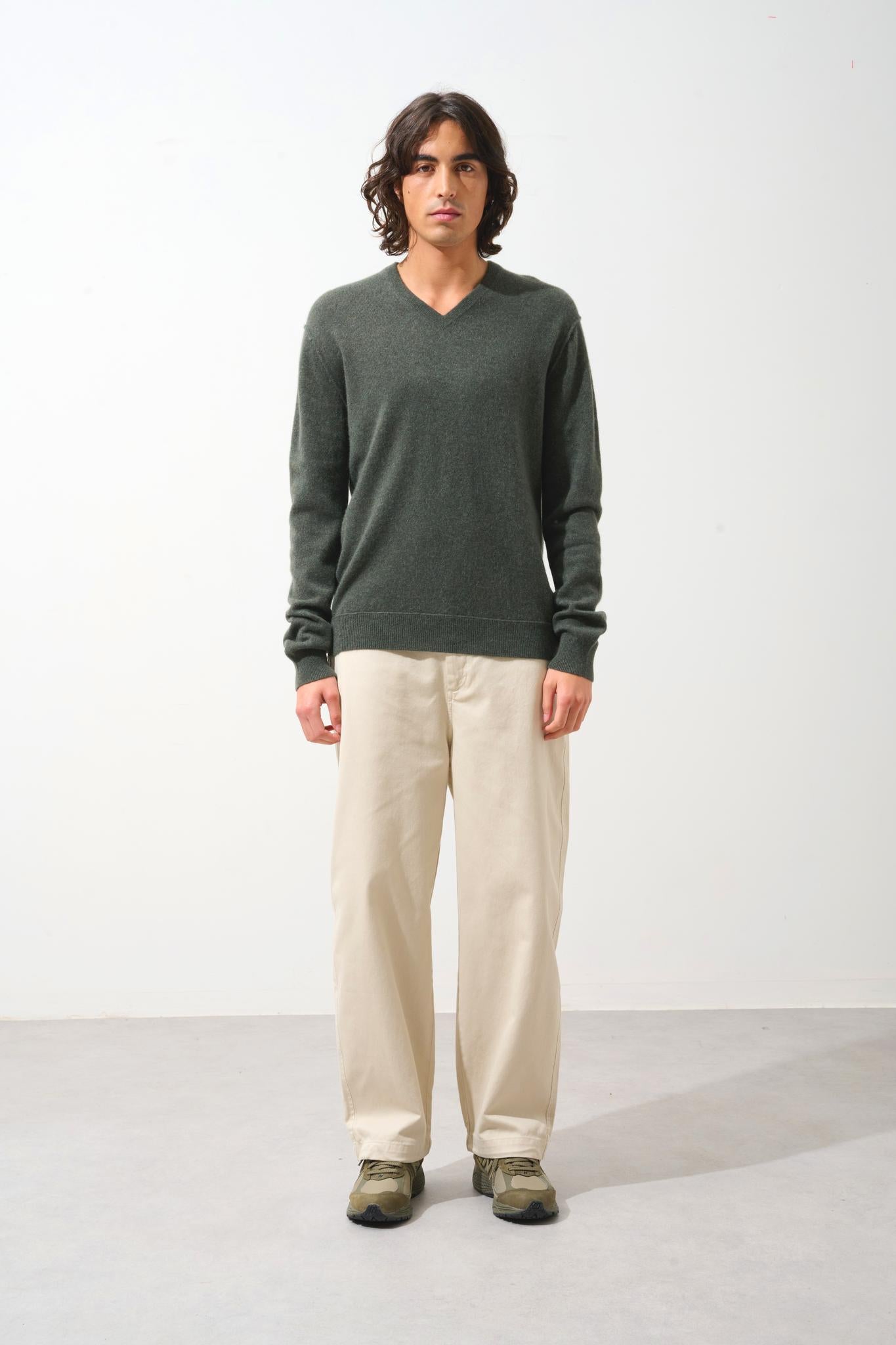 TIMEO khaki mottled v-neck sweater 100% cashmere