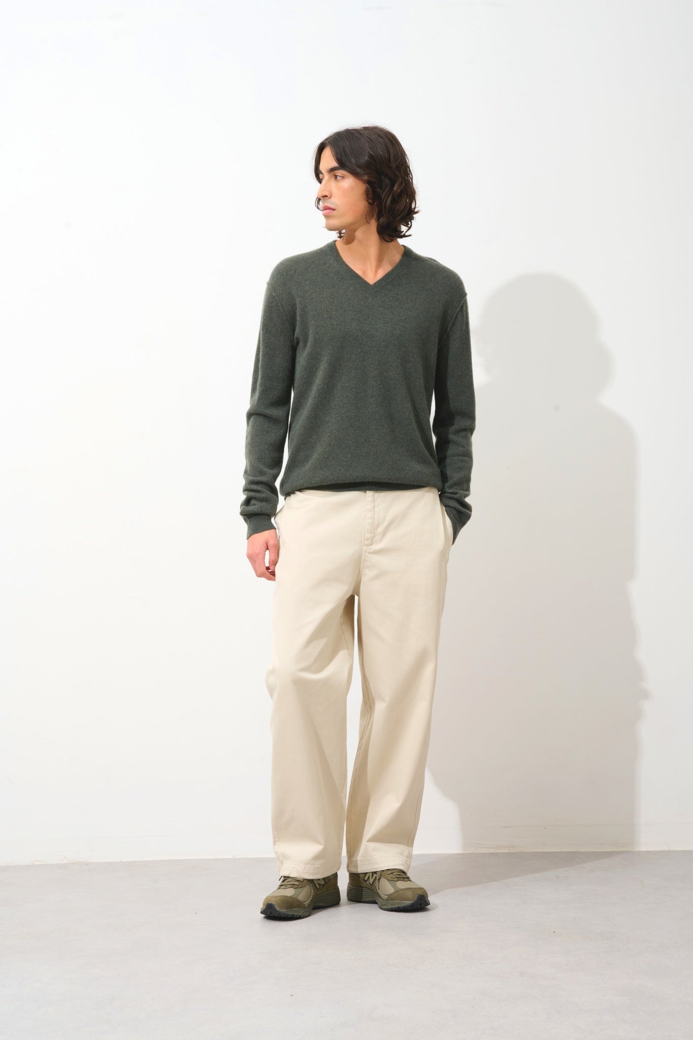 TIMEO Pullover mit V-Ausschnitt khaki meliert 100% Kaschmir