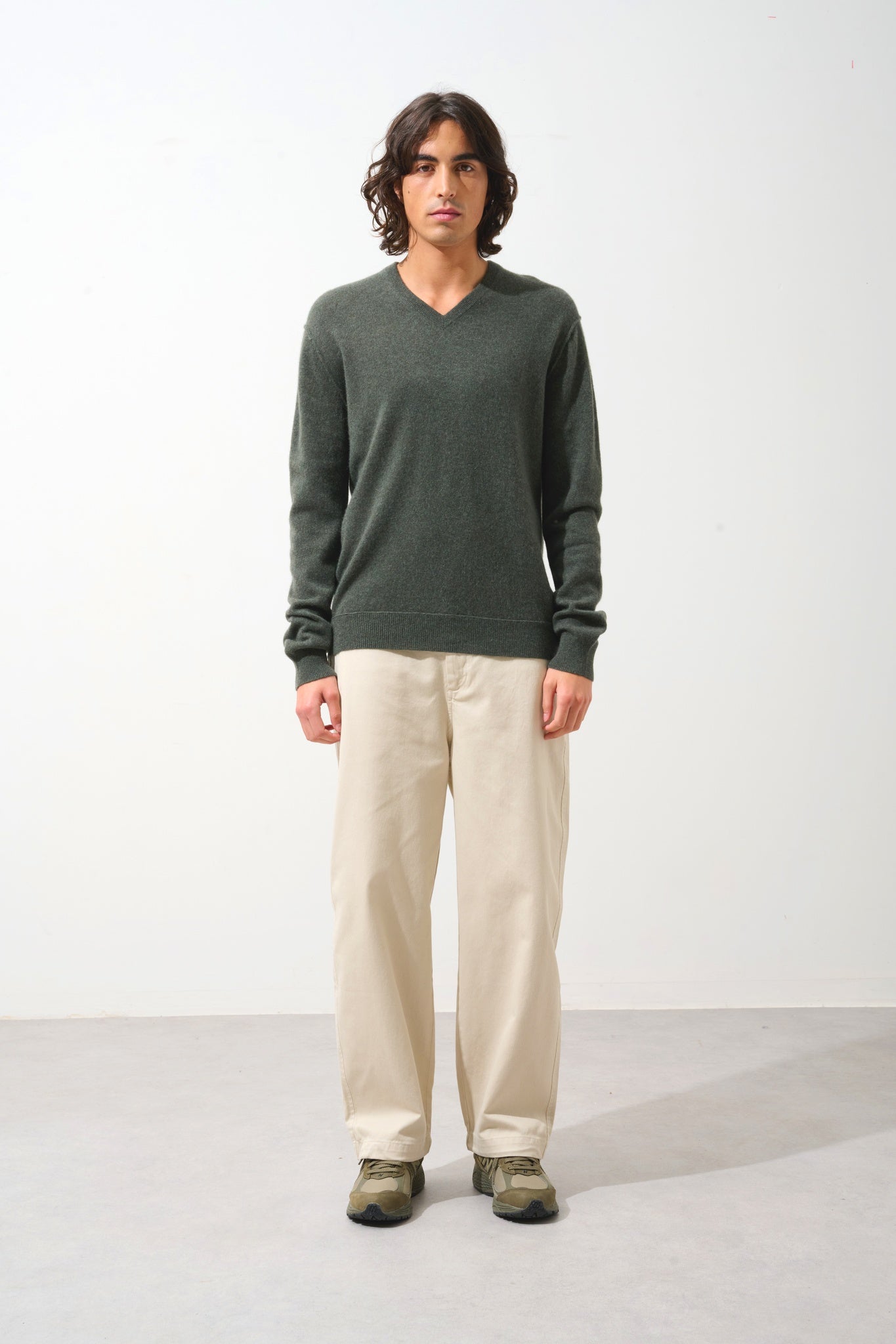 TIMEO Pullover mit V-Ausschnitt khaki meliert 100% Kaschmir