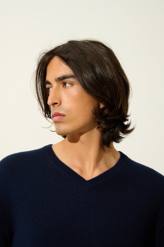 TIMEO pull col v navy 100% cachemire