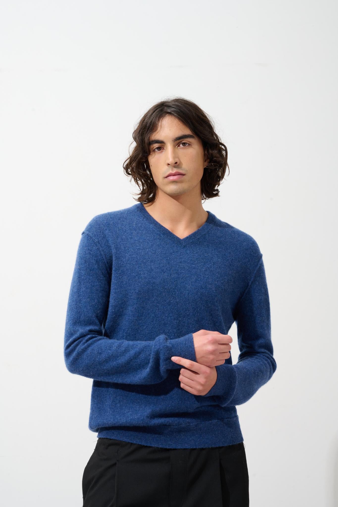 TIMEO pull col v ocean chiné 100% cachemire