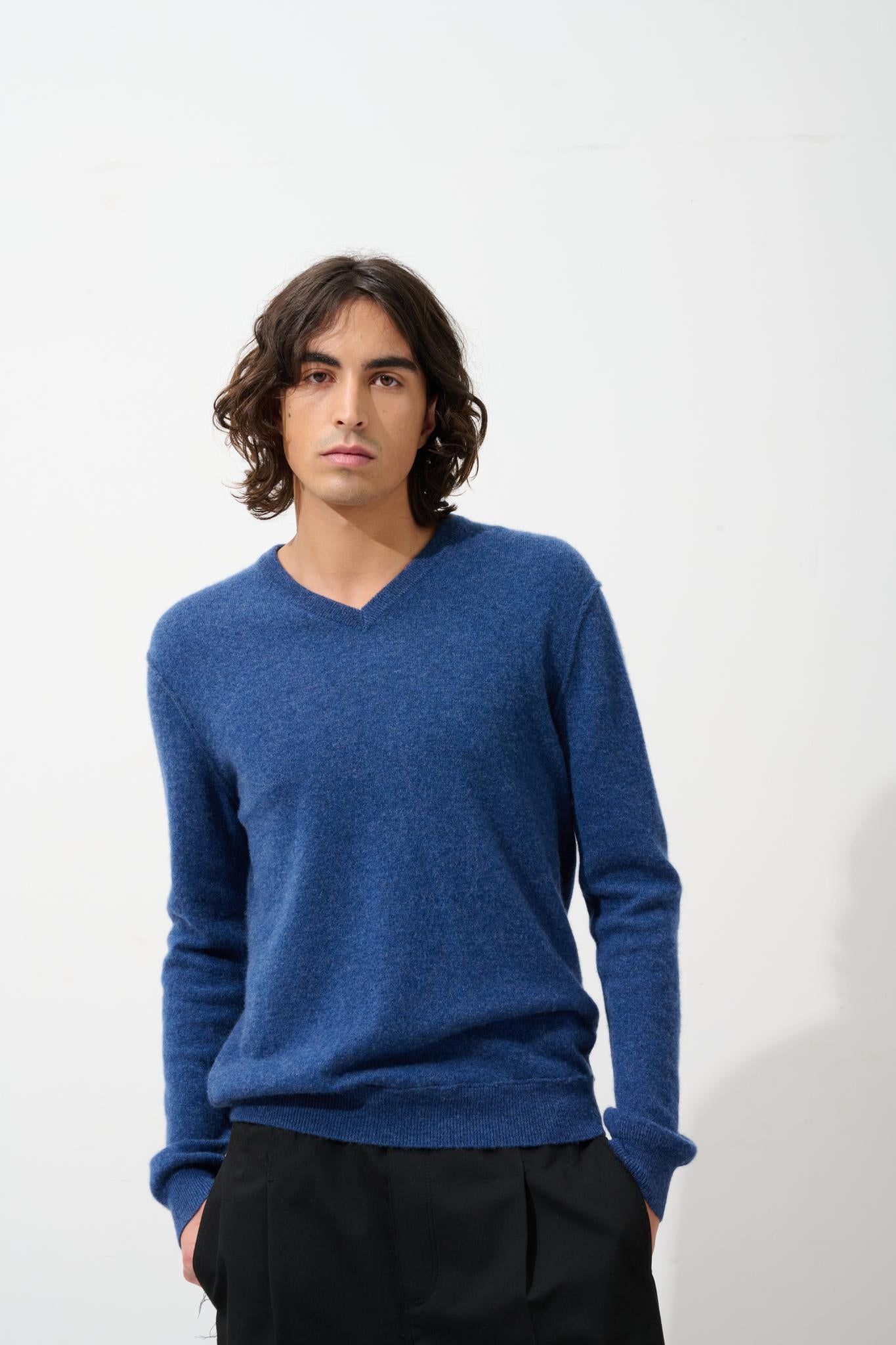 TIMEO pull col v ocean chiné 100% cachemire