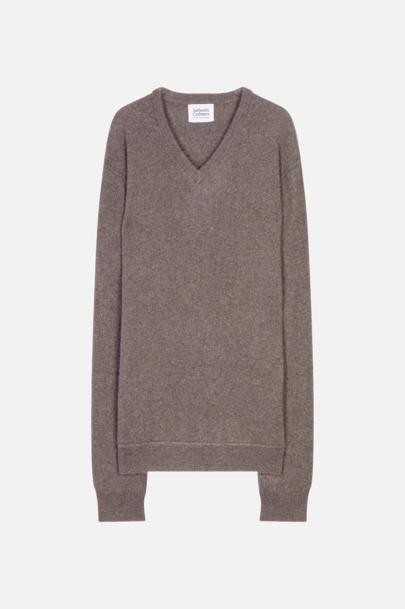 TIMEO Pullover mit V-Ausschnitt taupe meliert 100% Kaschmir