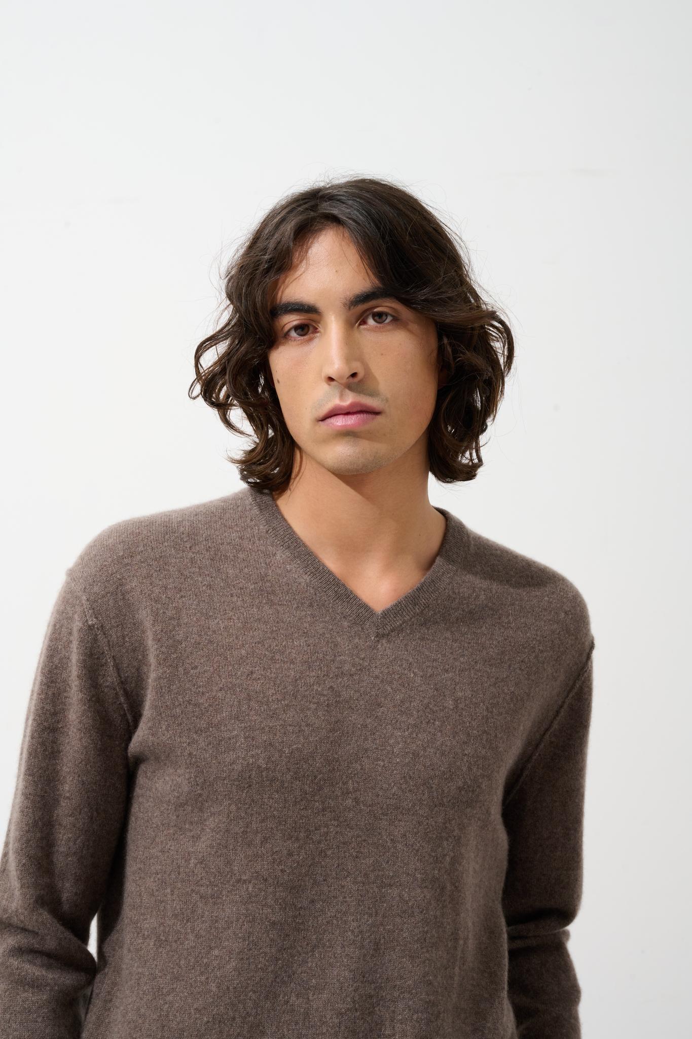 TIMEO Pullover mit V-Ausschnitt taupe meliert 100% Kaschmir