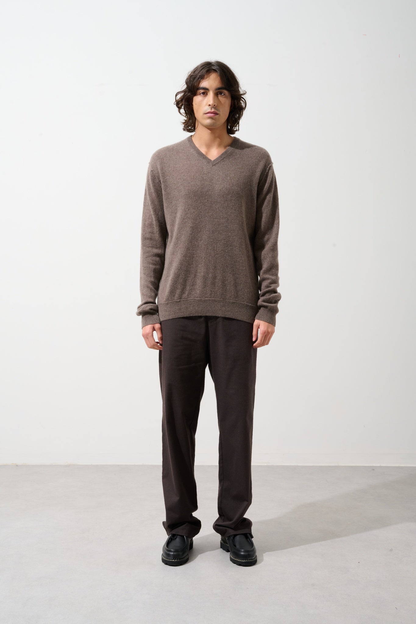 TIMEO Pullover mit V-Ausschnitt taupe meliert 100% Kaschmir